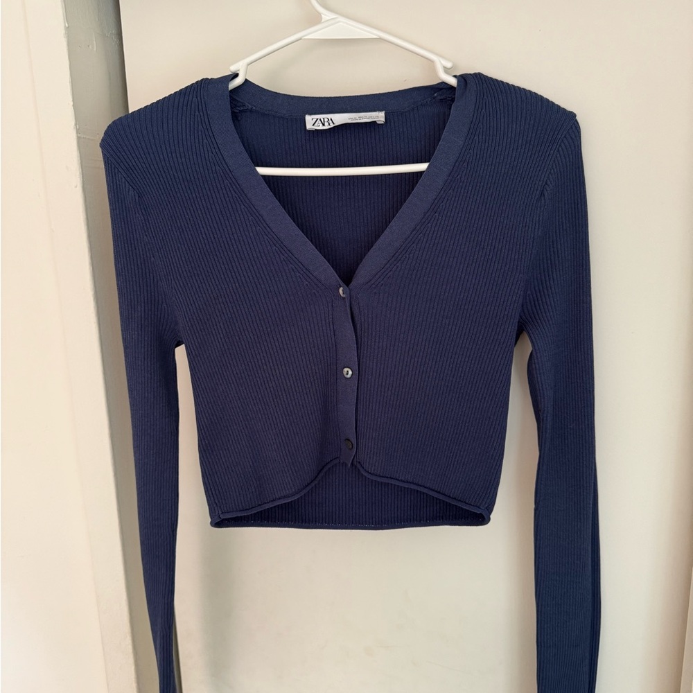 Zara Deep Blue Ribbed Knit Cardigan